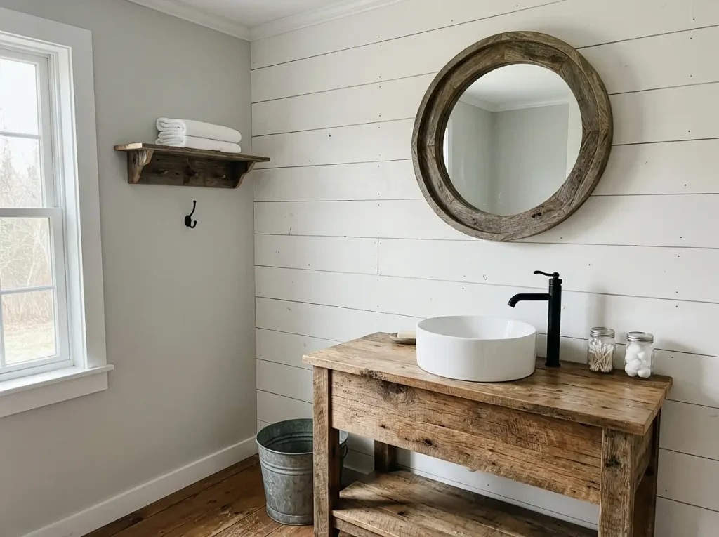 Farmhouse bathroom with white shiplap, reclaimed wood vanity, vessel sink, and matte black faucet