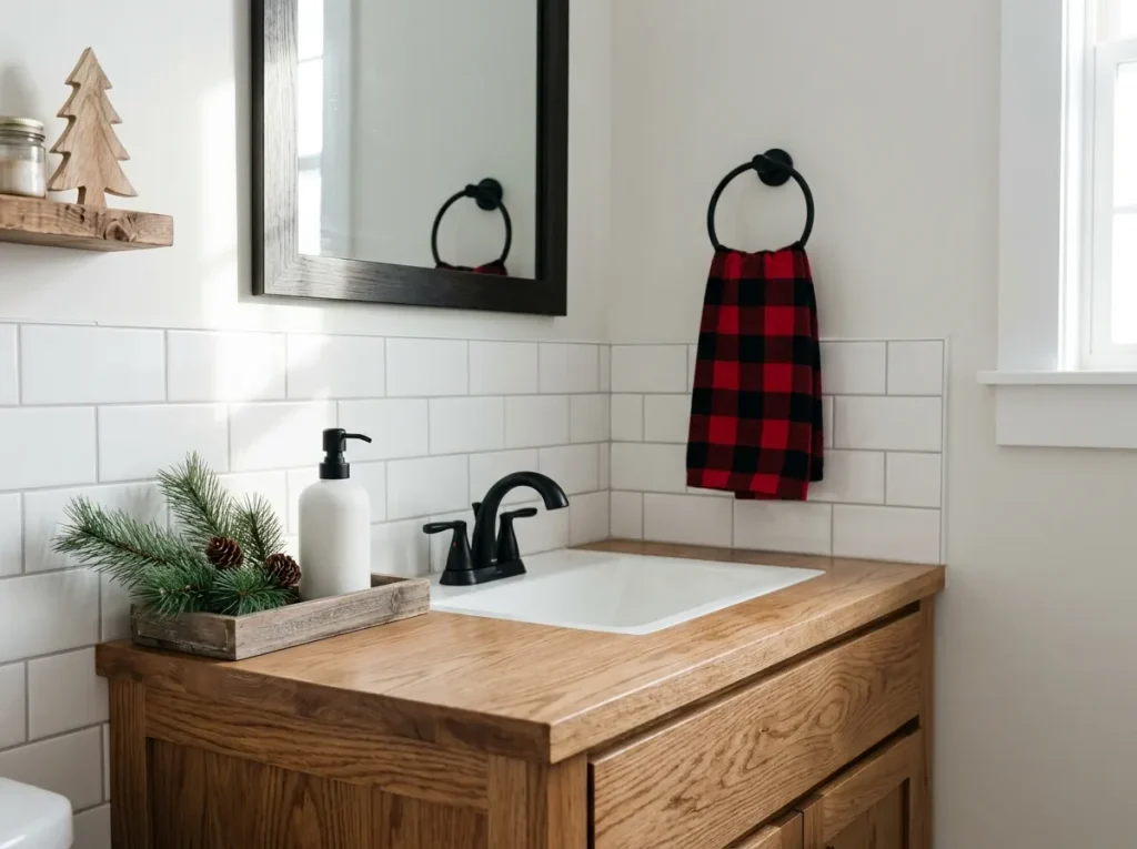 Farmhouse bathroom decorated with red plaid hand towels, natural wood tray, pine greenery, and white ceramic accessories.