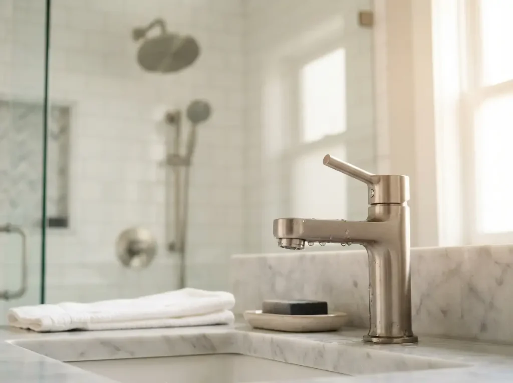 New WaterSense showerhead and brushed nickel faucet in a bathroom
