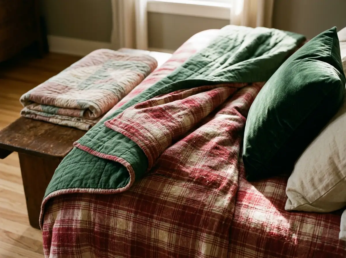 Close view of a bed with a flannel duvet cover, velvet pillow, and reversible quilt in Christmas colors