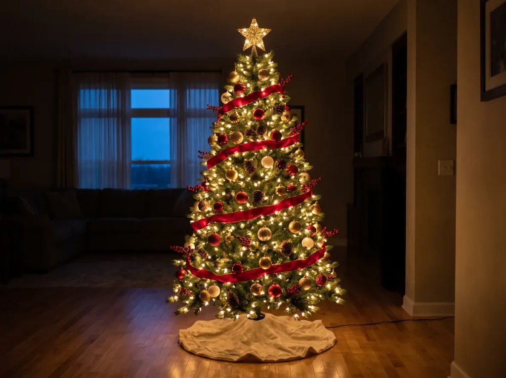 Finished Christmas tree with star topper and skirt glowing with warm lights in a dark living room