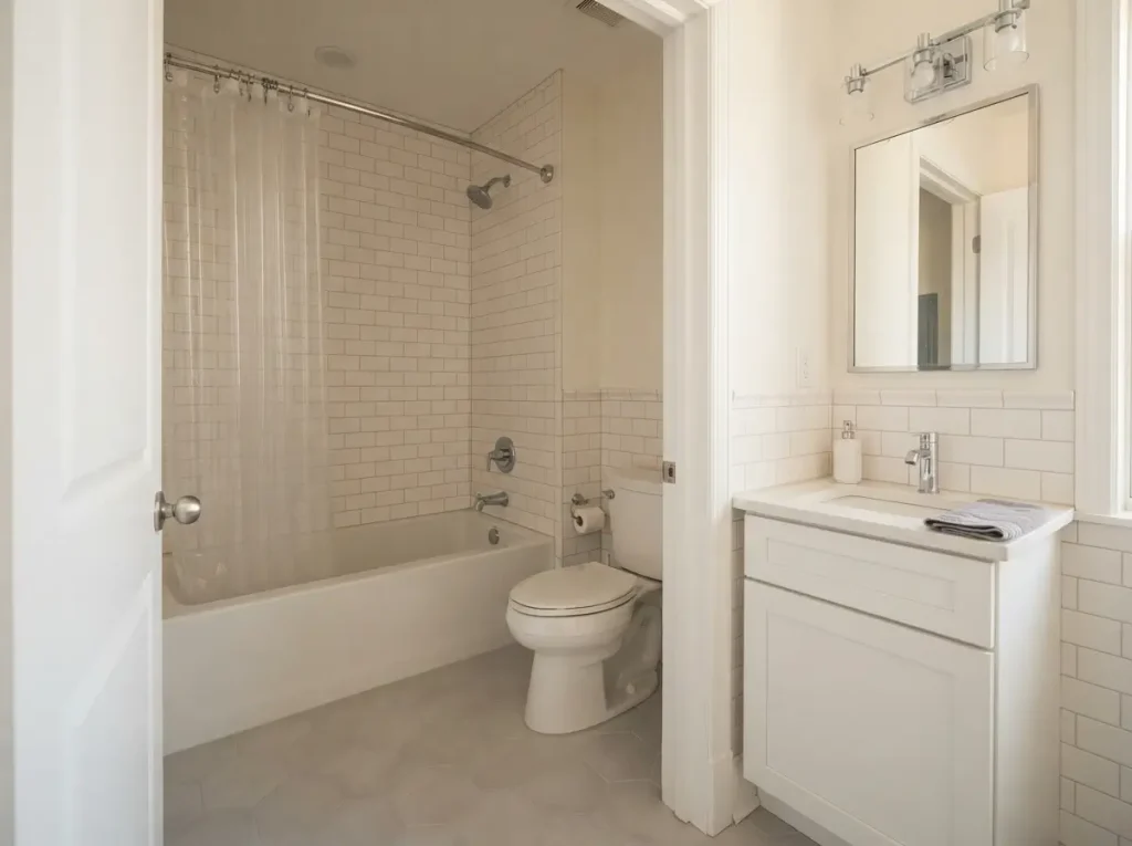 Five by eight bathroom with white porcelain tub and shower combo and tile surround to the ceiling
