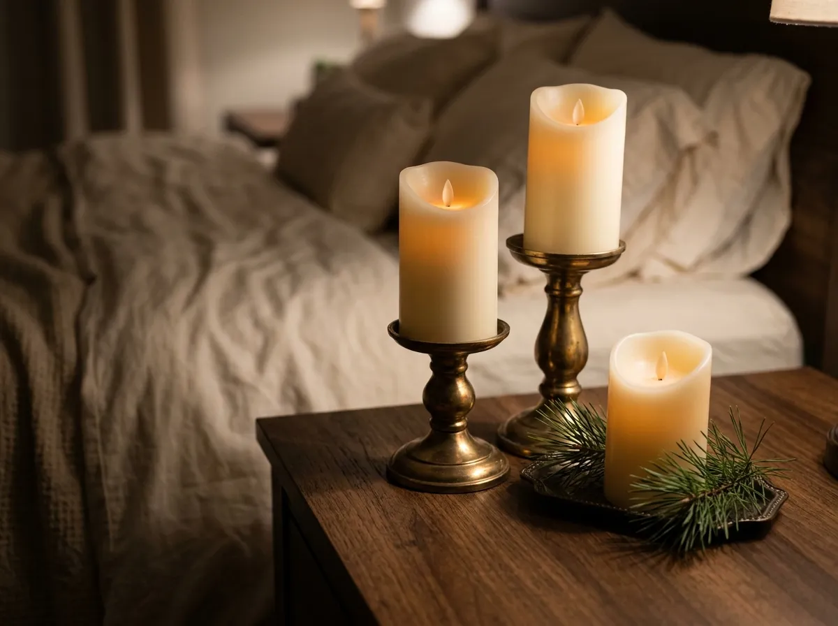 Flameless pillar candles in brass candlesticks glowing on a bedroom nightstand