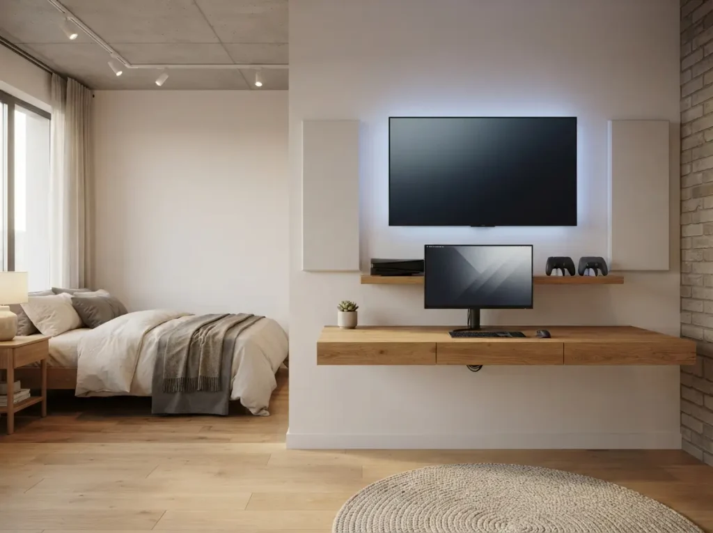 Floating desk and wall mounted TV keeping the floor open in a studio apartment
