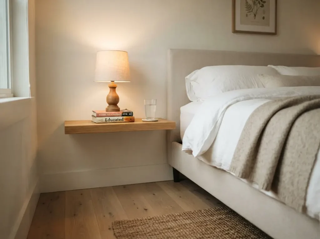 Wall mounted floating nightstand shelf level with the mattress top holding a lamp and a book
