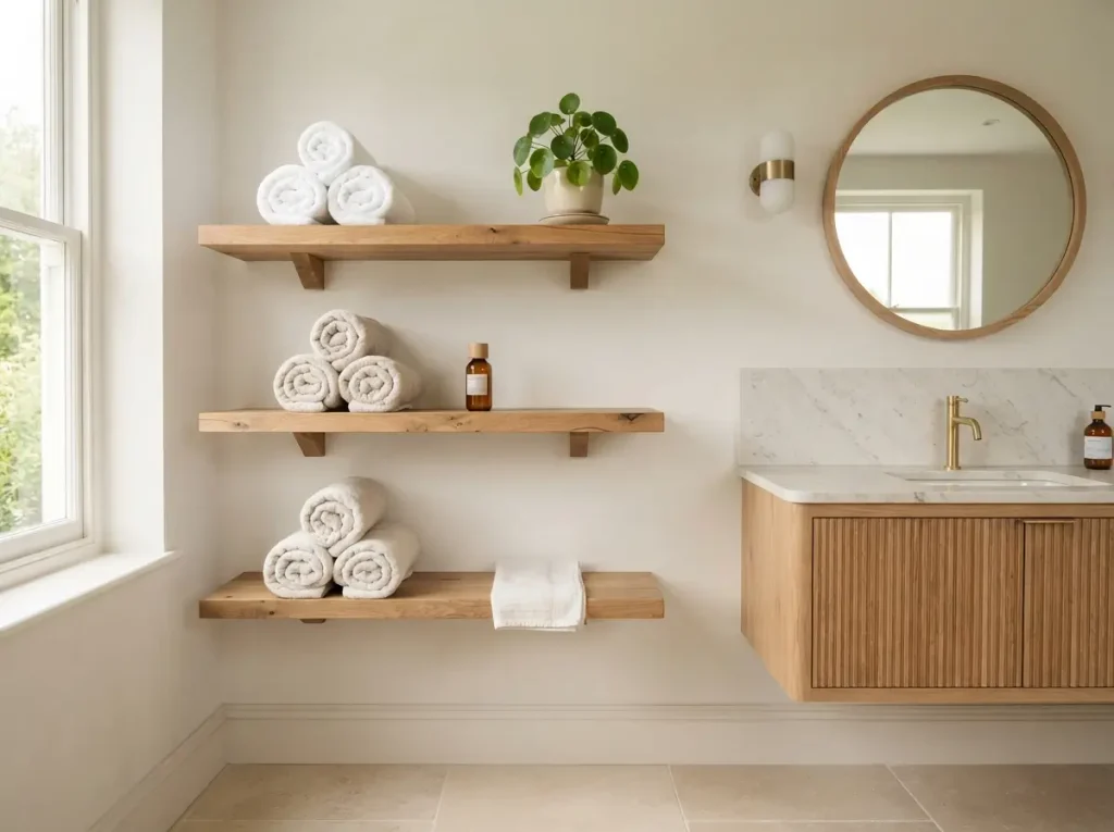Solid wood floating shelves with rolled towels and a plant in a bathroom
