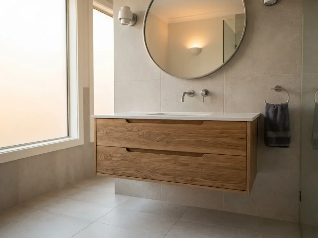Wall hung oak vanity with floor tile continuing underneath