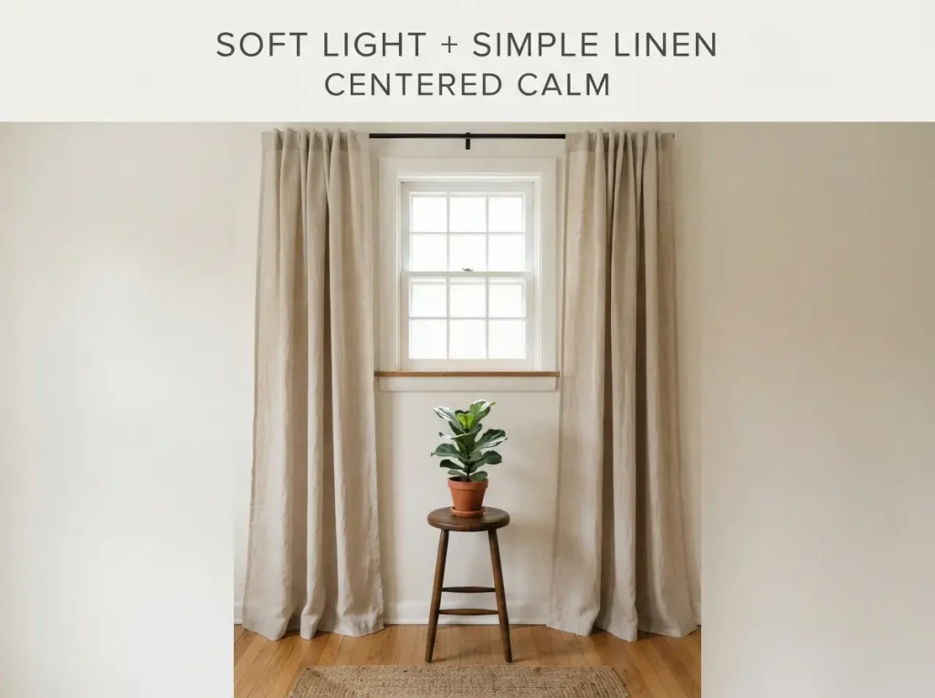 Floor-length linen curtains on a tension rod inside a small rental window
