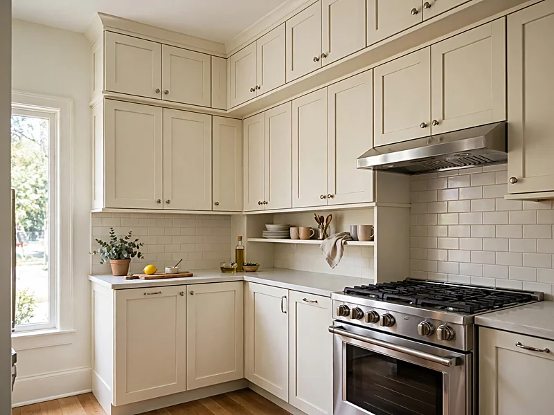 Small kitchen with white cabinets extending to the ceiling for additional storage.