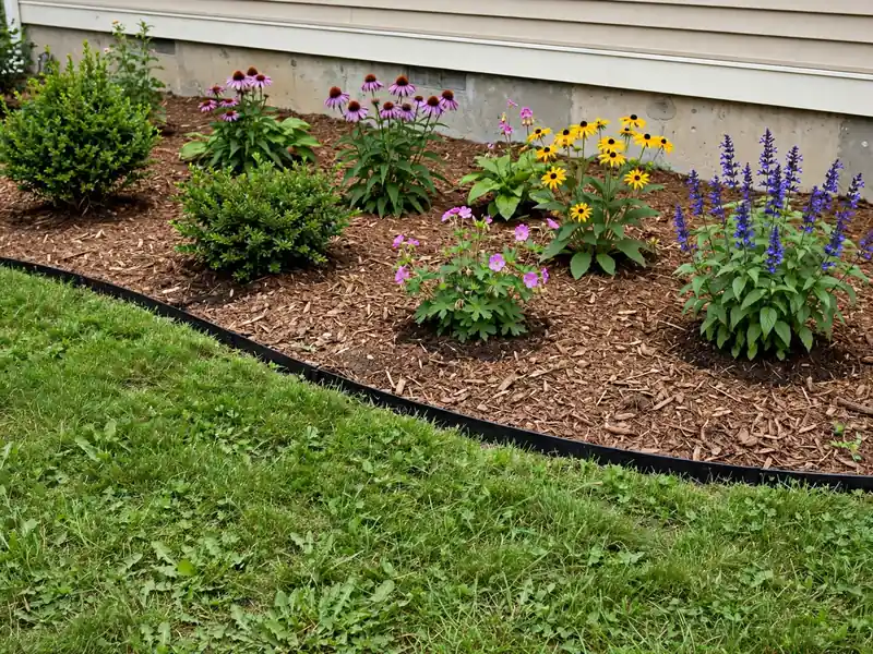 Refreshed front yard flower bed with brown mulch, clean lawn edging, healthy shrubs, and small flowering plants.