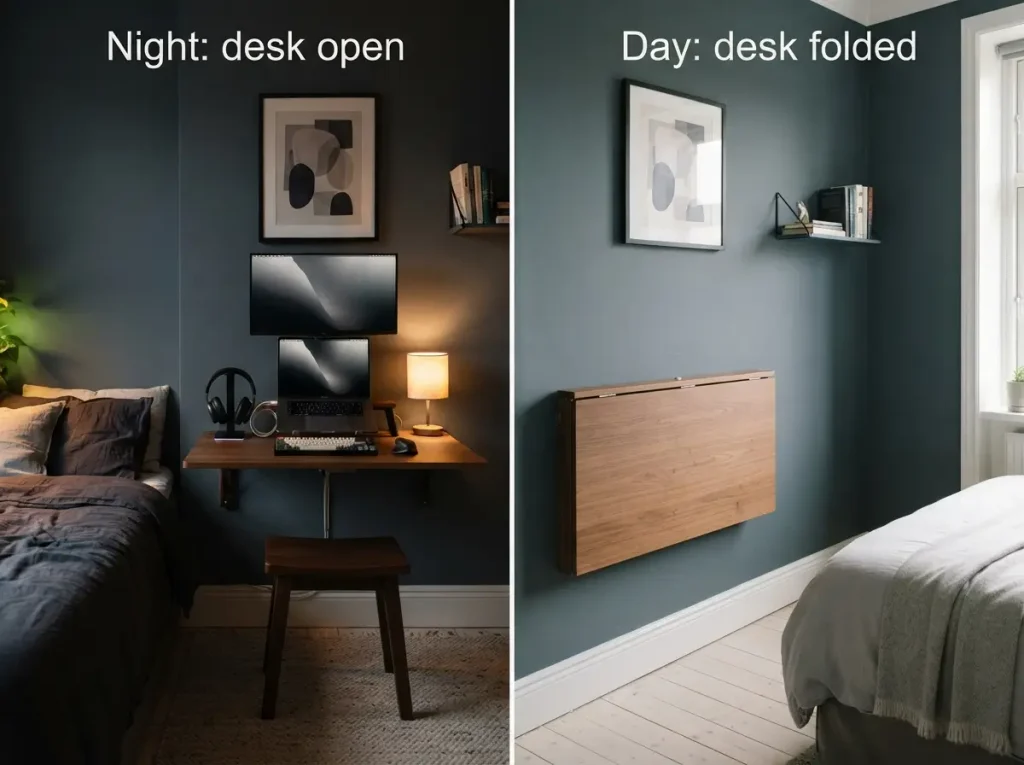 Fold down wall desk shown open for gaming at night and folded flat for daytime floor space
