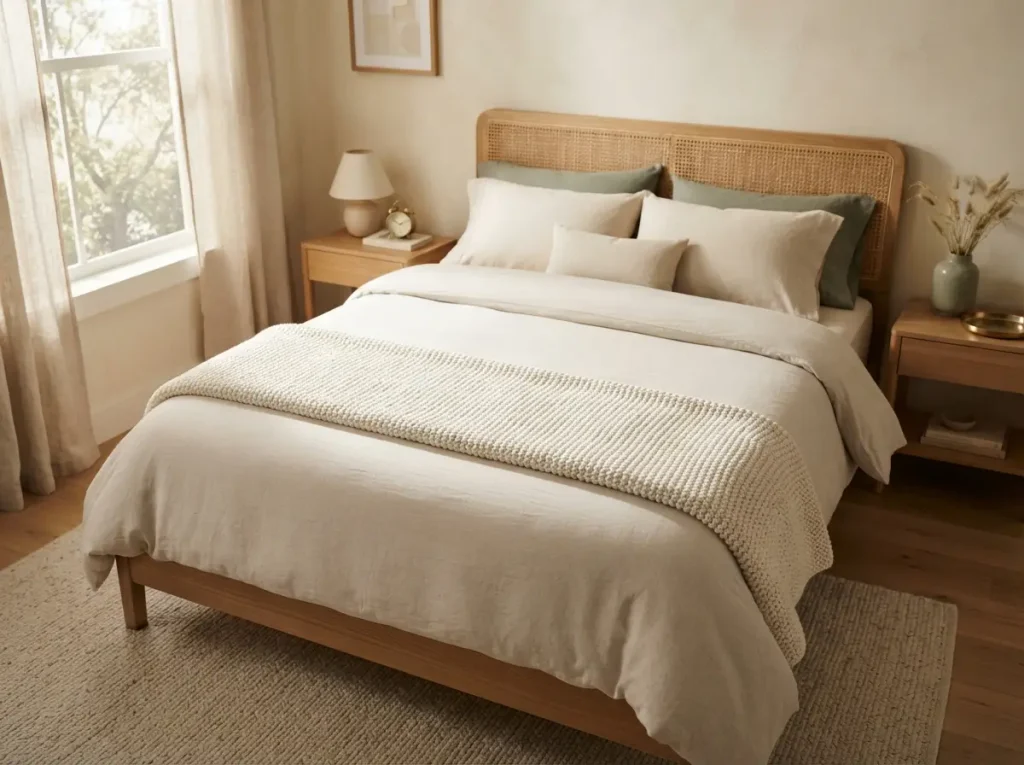 Chunky cream knit throw folded in a long strip across the bottom third of a made bed
