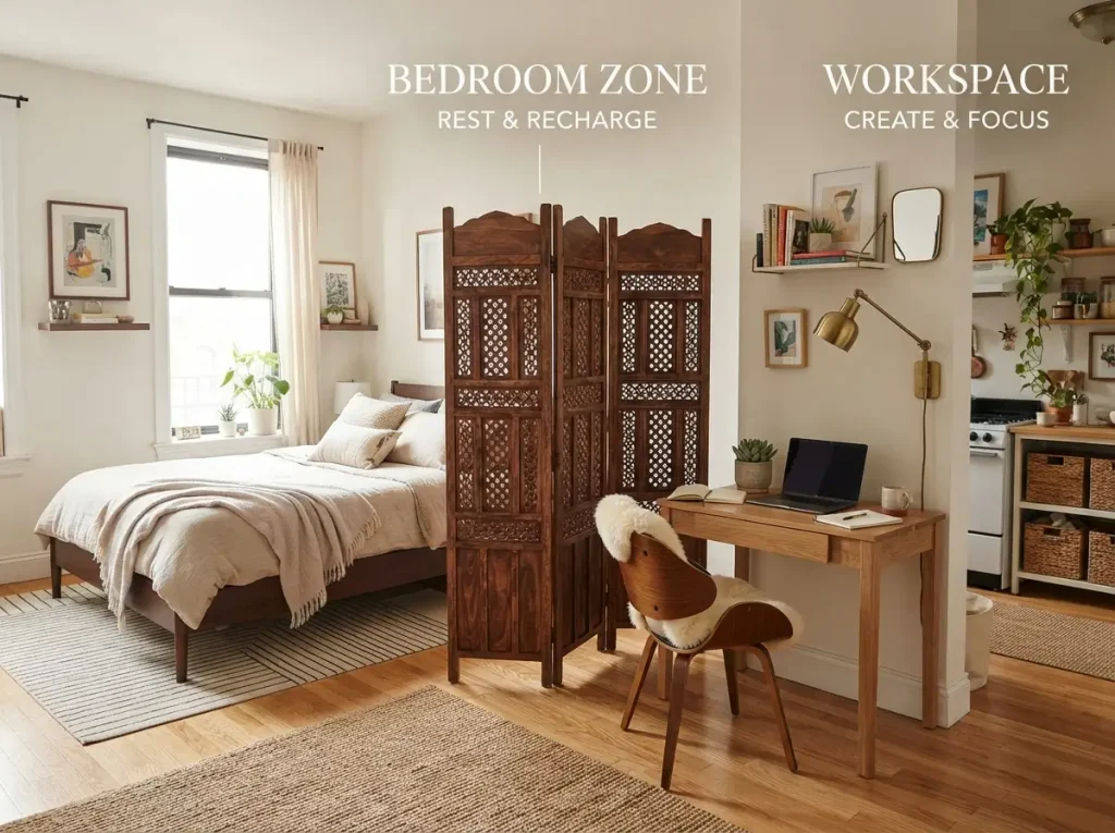 Folding screen dividing a studio apartment into a sleeping area and a desk area