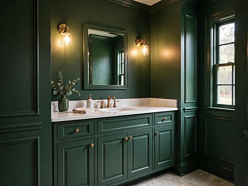 Forest green bathroom walls with brushed brass faucets, white countertop, and matching green trim.
