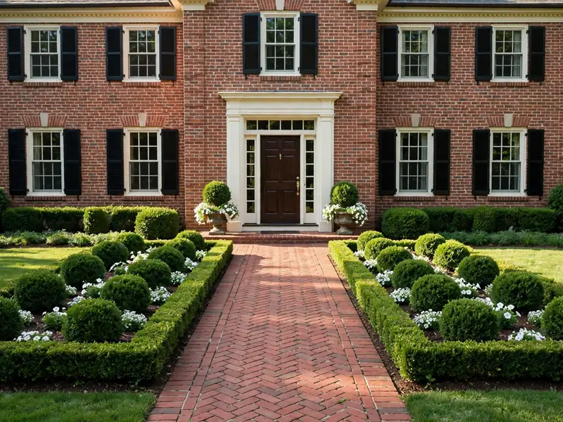 Symmetrical formal front garden with neatly clipped boxwood hedges, matching flower beds, and a straight brick pathway leading to a Colonial-style home.