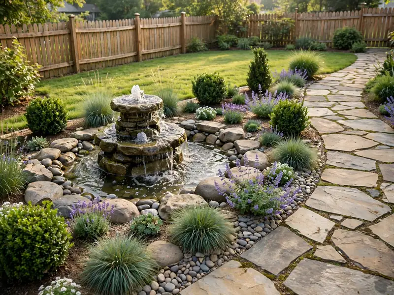 Garden fountain surrounded by ornamental grasses, river rocks, and a curved stone pathway.