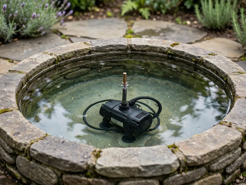 Open garden fountain reservoir showing a submerged water pump, tubing, and proper water level.