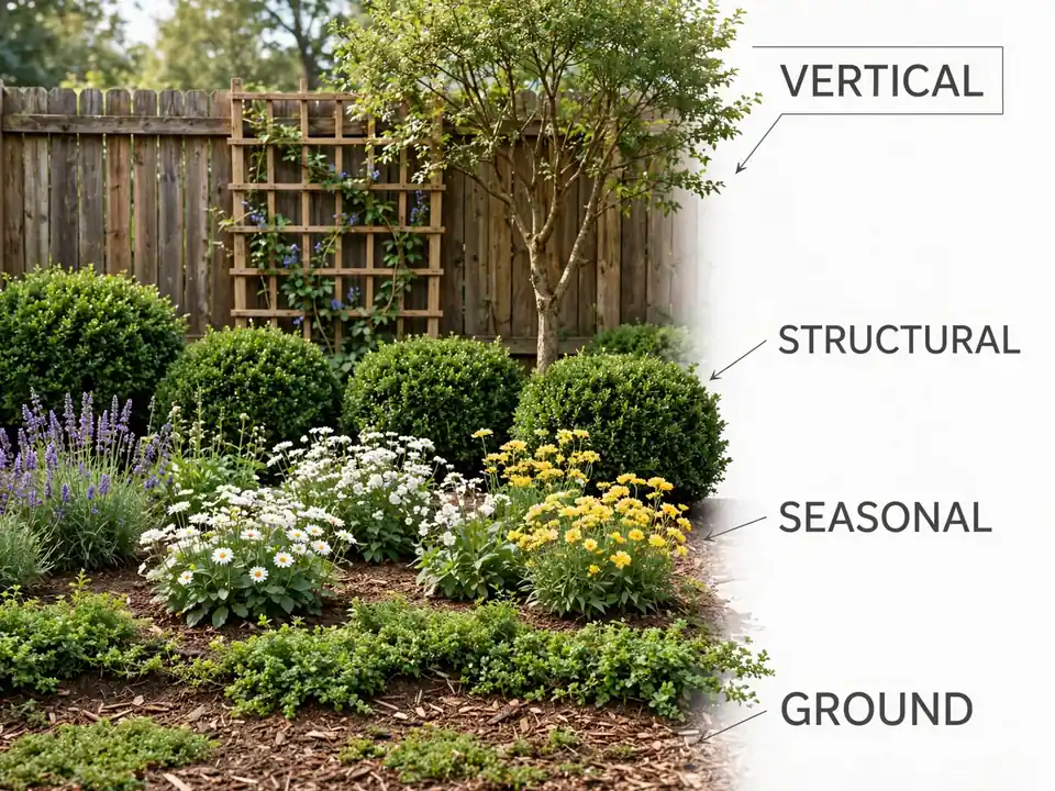 Four-layer garden planting diagram showing vertical trees and trellises, structural evergreen shrubs, seasonal flowers, and low groundcover plants.