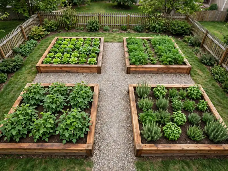 Four square vegetable beds arranged around crossing gravel pathways in a backyard garden.