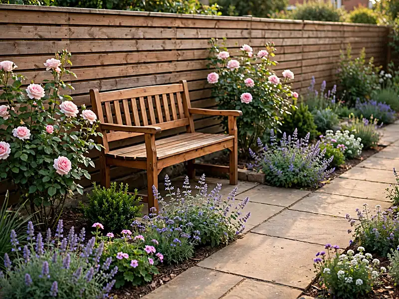 Small garden seating area bordered by flowering roses and fragrant plants beside a wooden bench.