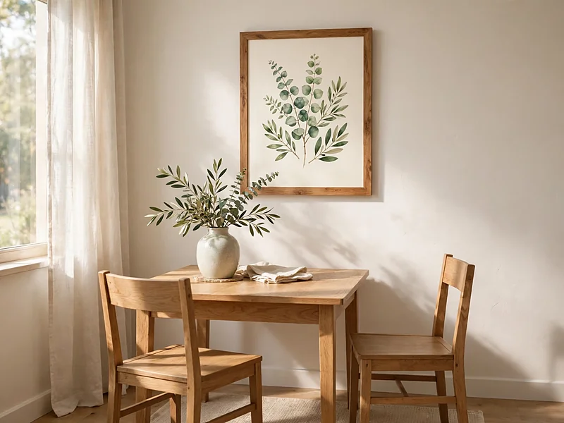 Framed botanical artwork on a kitchen dining nook wall above a wooden table.