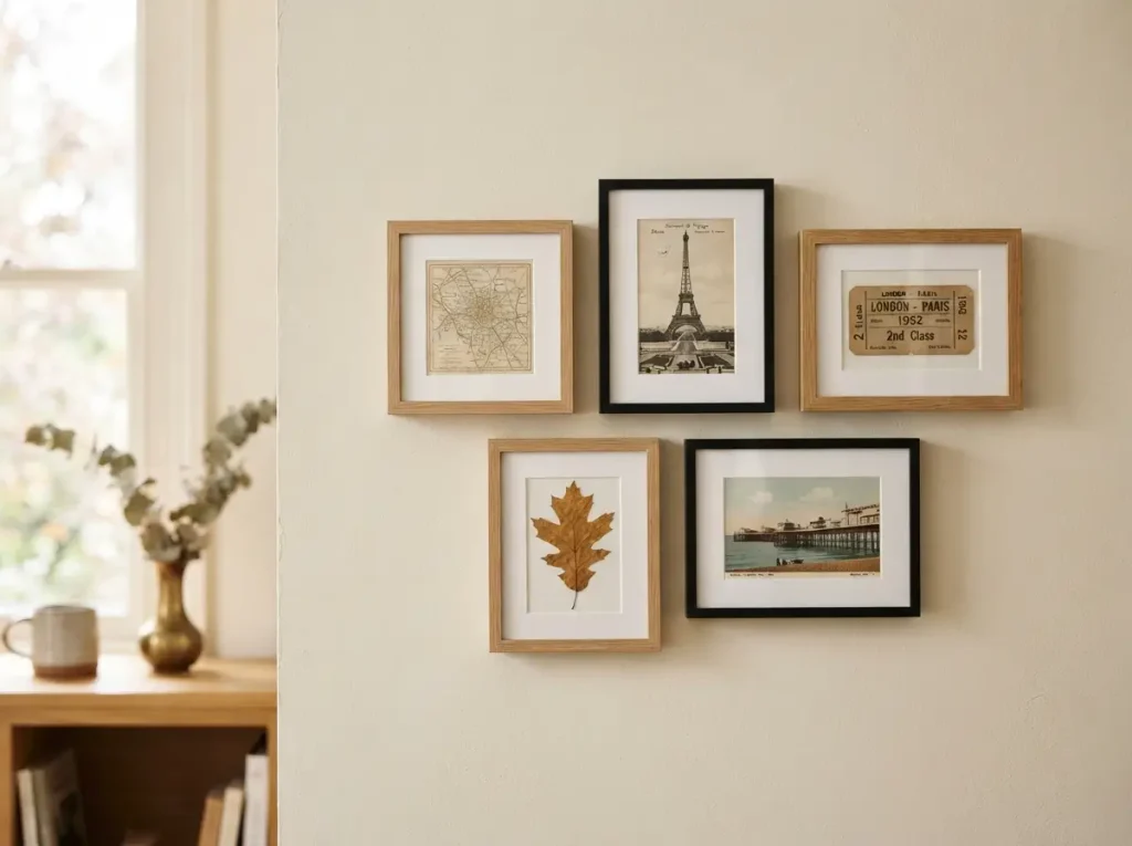 Five small frames grouped on a wall holding a vintage map, postcards, a ticket stub and a leaf
