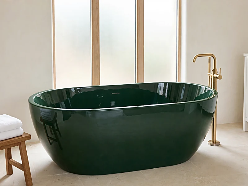 Freestanding hunter green clawfoot bathtub with white interior, brass fixtures, and cream bathroom walls.