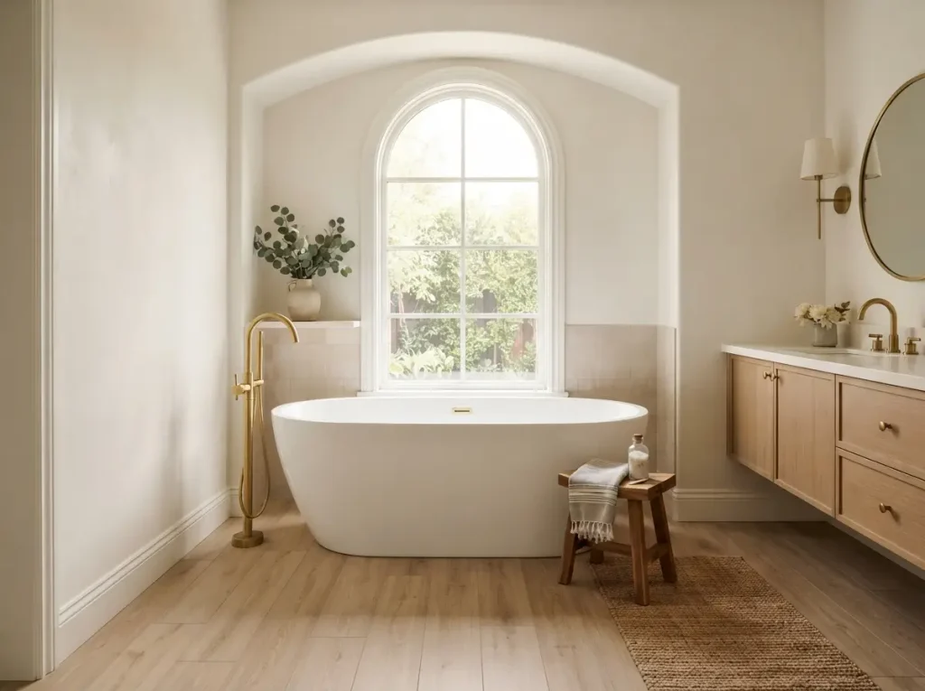 White freestanding tub with floor mounted faucet under an arched window