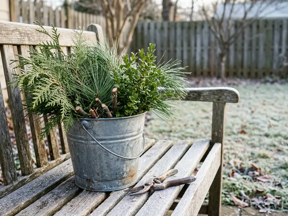 Bucket of freshly cut cedar, pine, and boxwood branches with pruning shears