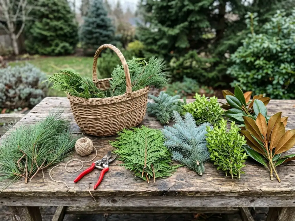 Fresh-cut pine, cedar, fir, boxwood, and magnolia branches in a garden basket with pruning shears
