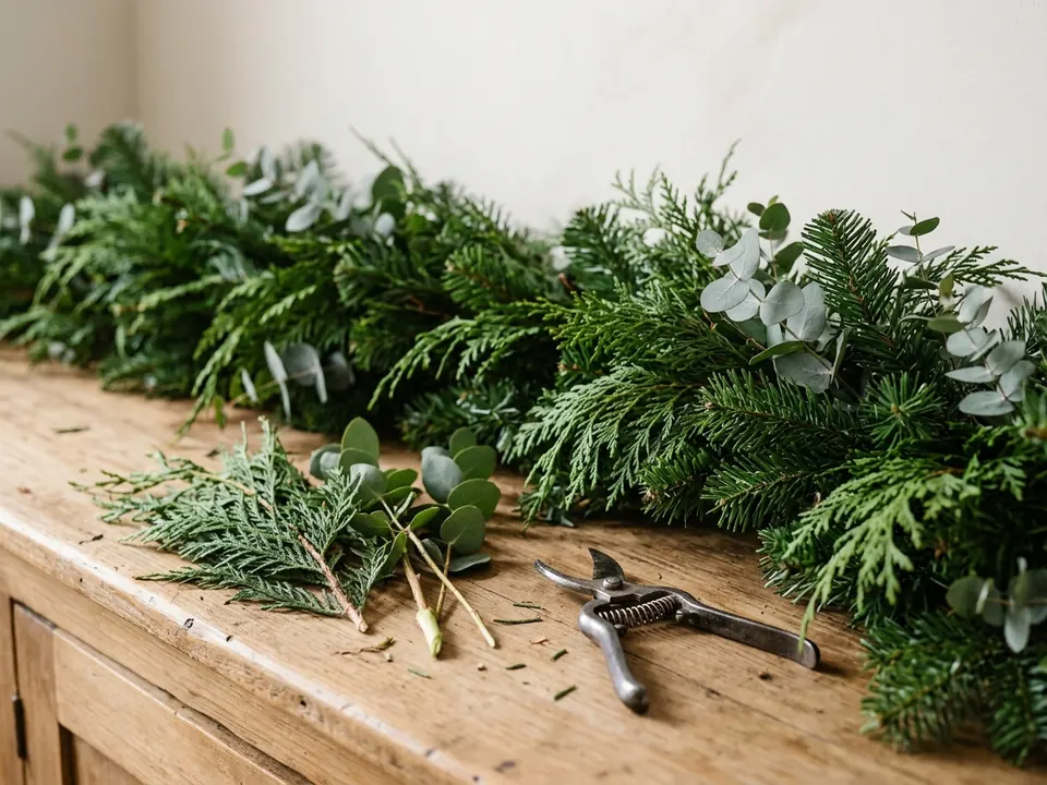 Faux garland with fresh cedar, fir, and eucalyptus sprigs tucked in