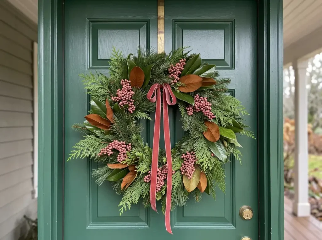Fresh pepperberry and cedar wreath hanging on a painted front door with a simple ribbon