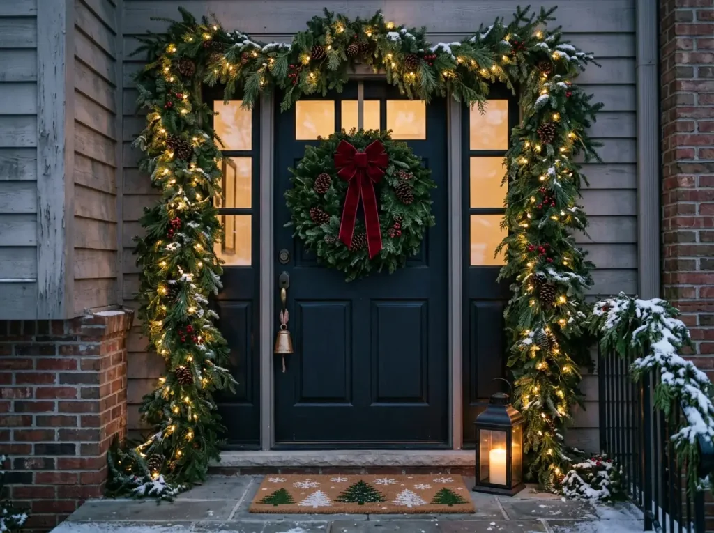 Front door with a balsam fir wreath, framing garland, a velvet bow, and a holiday doormat