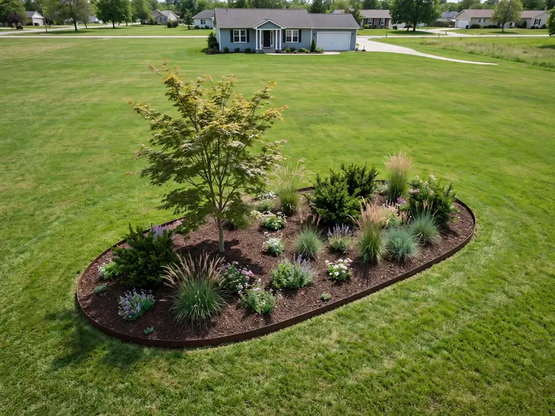 Oval island planting bed with a small ornamental tree, shrubs, and flowering perennials surrounded by lawn.
