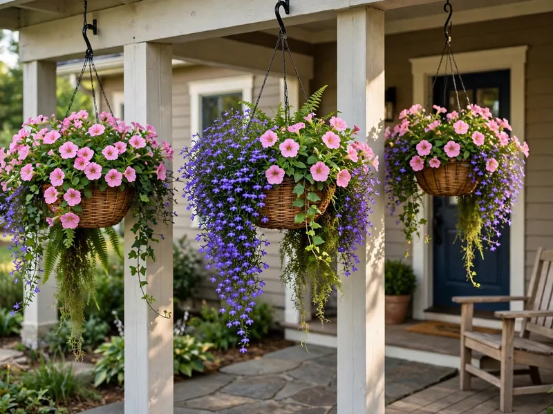 Hanging baskets of petunias and trailing flowers suspended from sturdy brackets on a suburban porch.