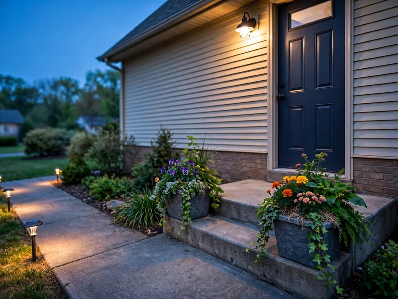 Front porch with flowering container plants, simple outdoor lighting, and an illuminated walkway at dusk.