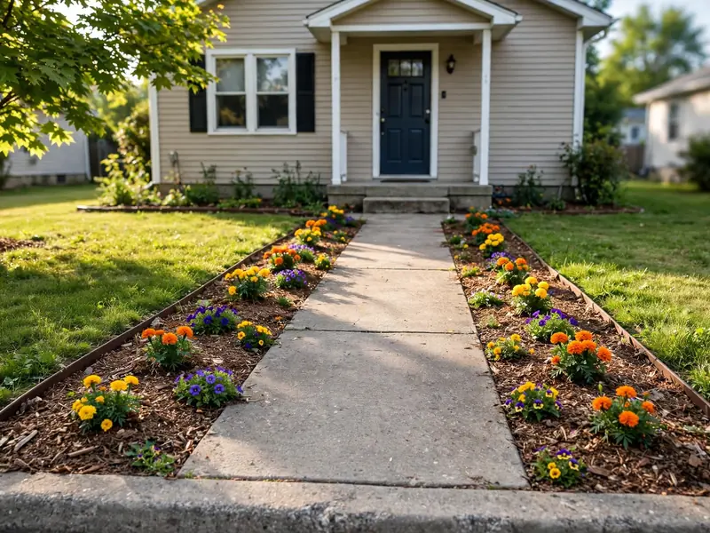 Suburban front walkway bordered by low orange marigolds, purple flowers, mulch, and trimmed lawn.