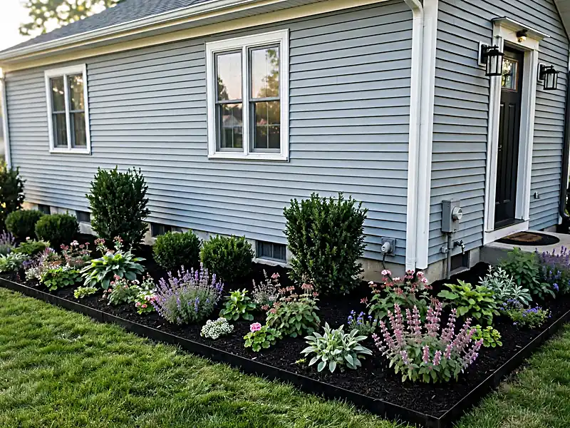 Front foundation garden with compact shrubs, low flowering perennials, and a neatly mulched planting bed.
