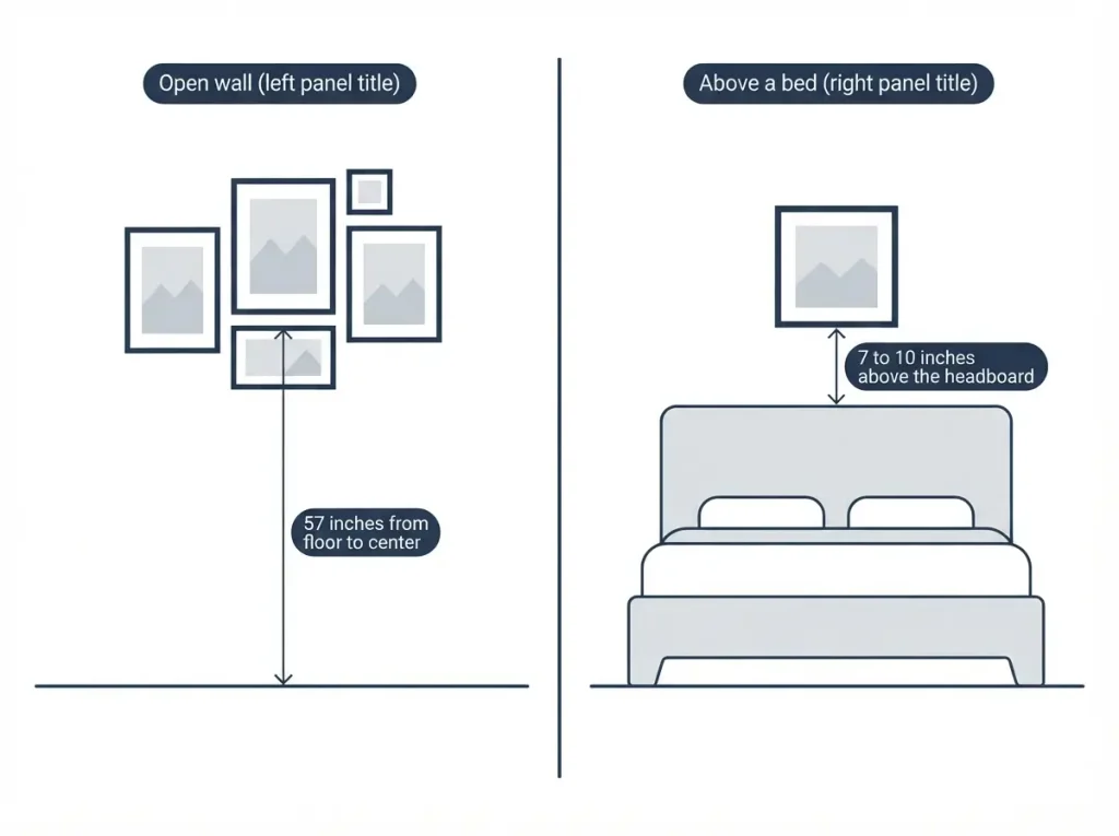 Diagram showing gallery wall center at 57 inches and 7 to 10 inches above the headboard
