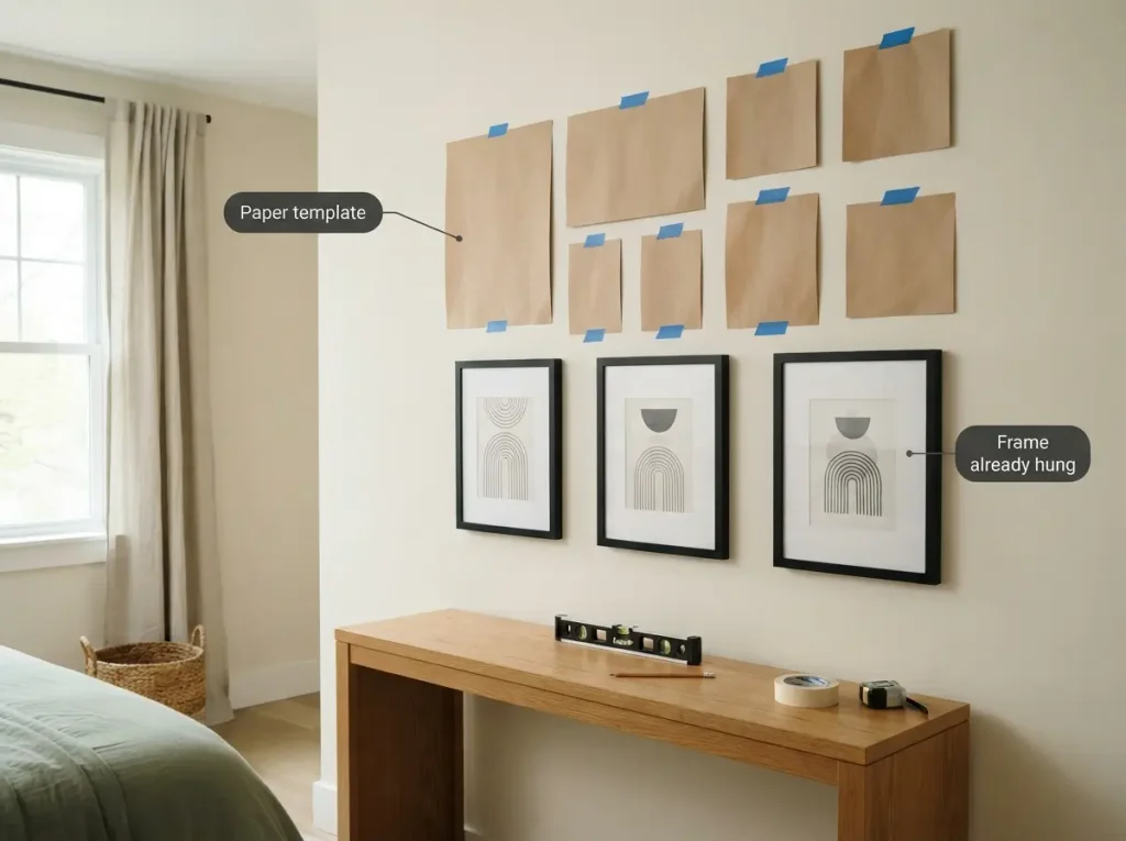Paper templates taped on a bedroom wall to plan a gallery wall, with three frames already hung
