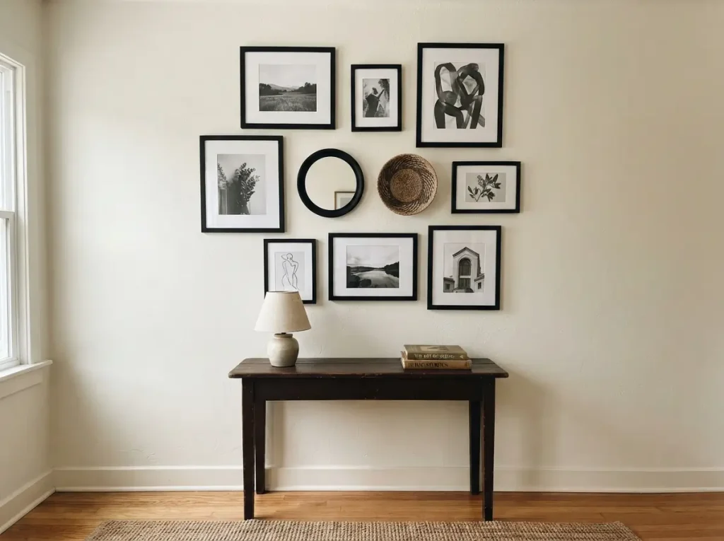 Gallery wall of mismatched thrifted frames painted one color above a small console table
