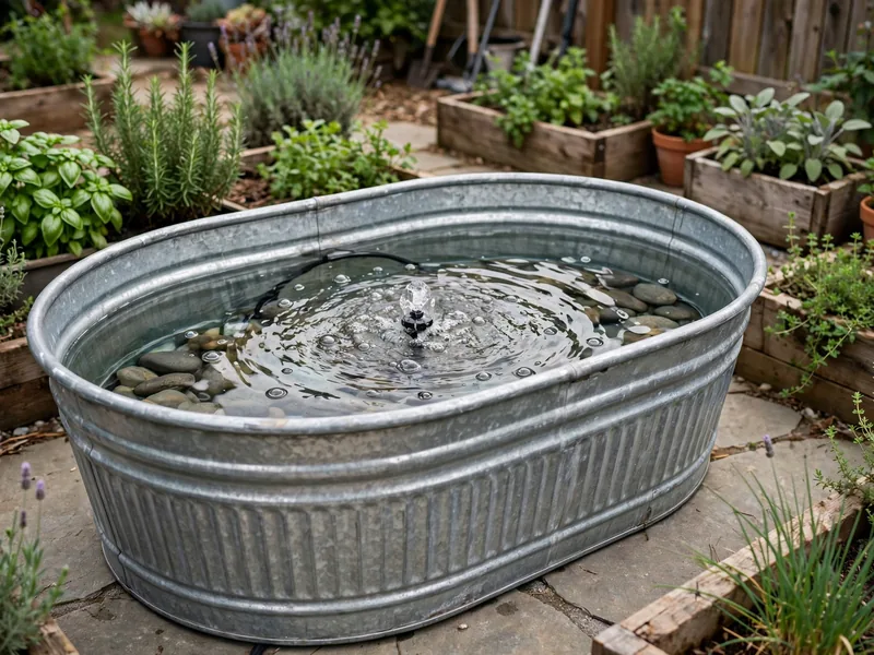Galvanized metal tub fountain with smooth stones and a small bubbling water feature.