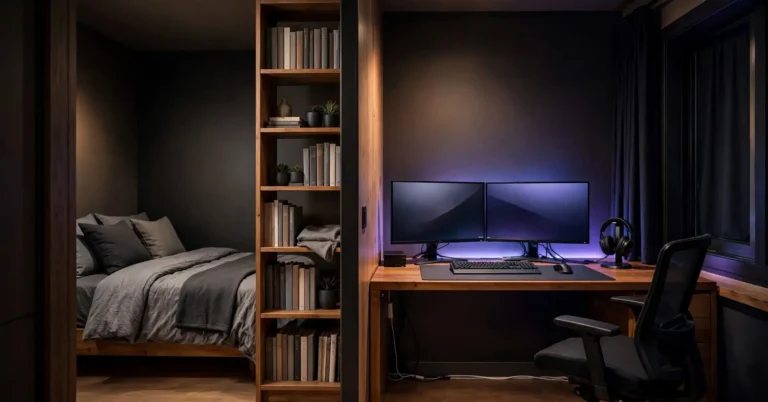 Gaming bedroom ideas: small bedroom with a bed, a gaming desk and soft LED lighting