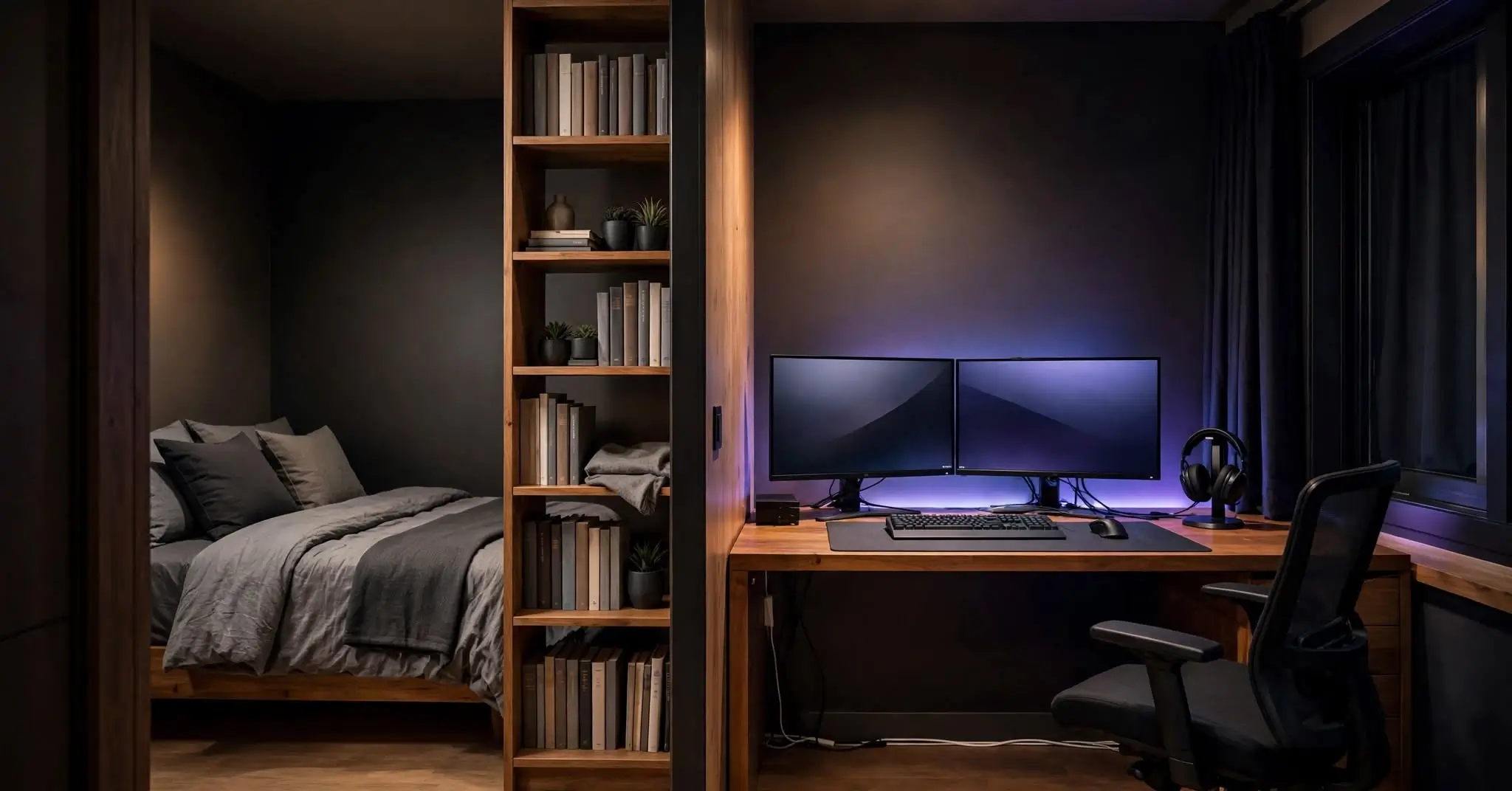 Gaming bedroom ideas: small bedroom with a bed, a gaming desk and soft LED lighting
