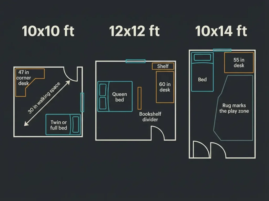 Top view floor plans of 10x10, 12x12 and 10x14 foot gaming bedroom layouts