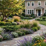Beautifully landscaped American home with colorful flower beds, green lawn, ornamental shrubs, and a welcoming garden pathway.