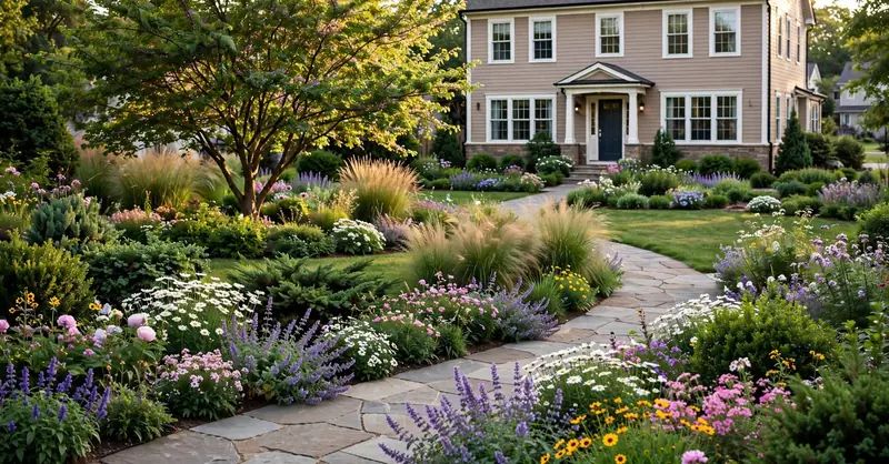 Beautifully landscaped American home with colorful flower beds, green lawn, ornamental shrubs, and a welcoming garden pathway.