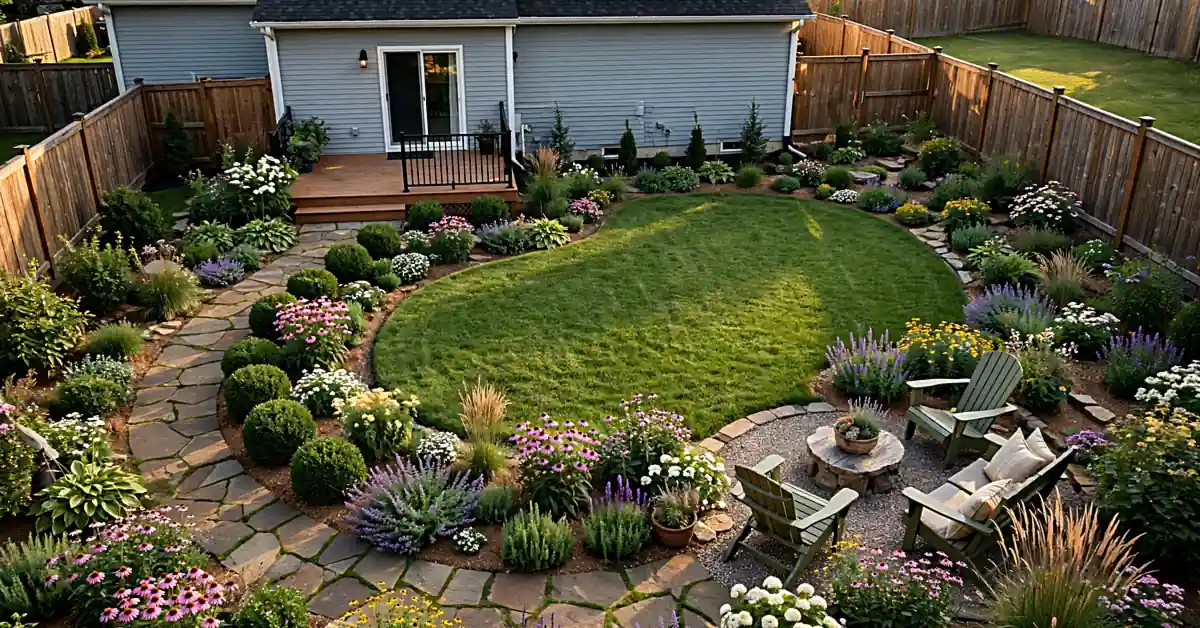 Beautifully arranged residential garden with flower beds, stone pathways, green lawn, and outdoor seating.