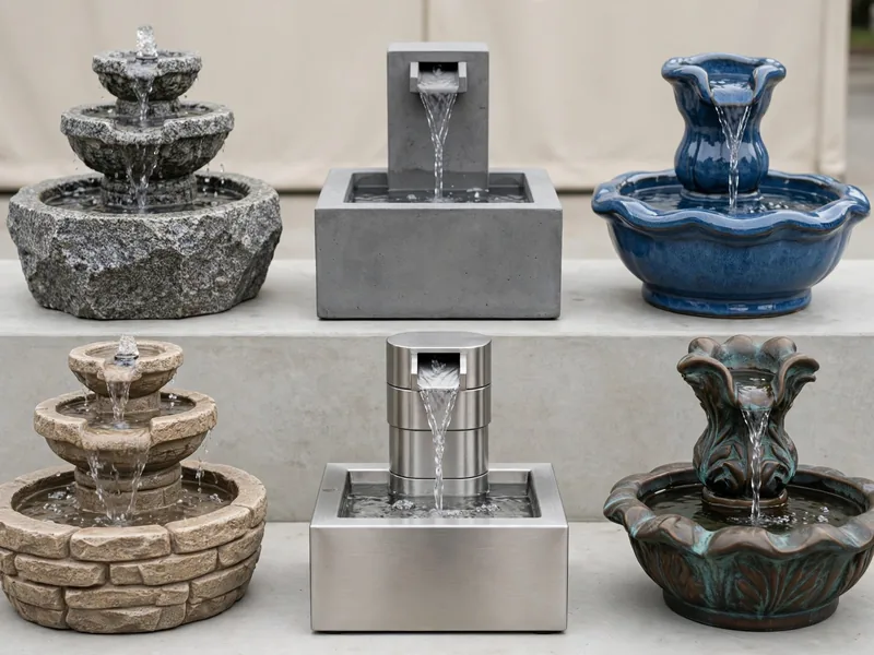 Six small garden fountains comparing natural stone, concrete, ceramic, resin, stainless steel, and bronze finishes.