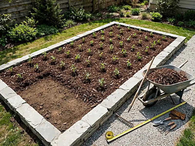 Rectangular garden bed with an even layer of mulch, a measuring tape, rake, and gardening materials.